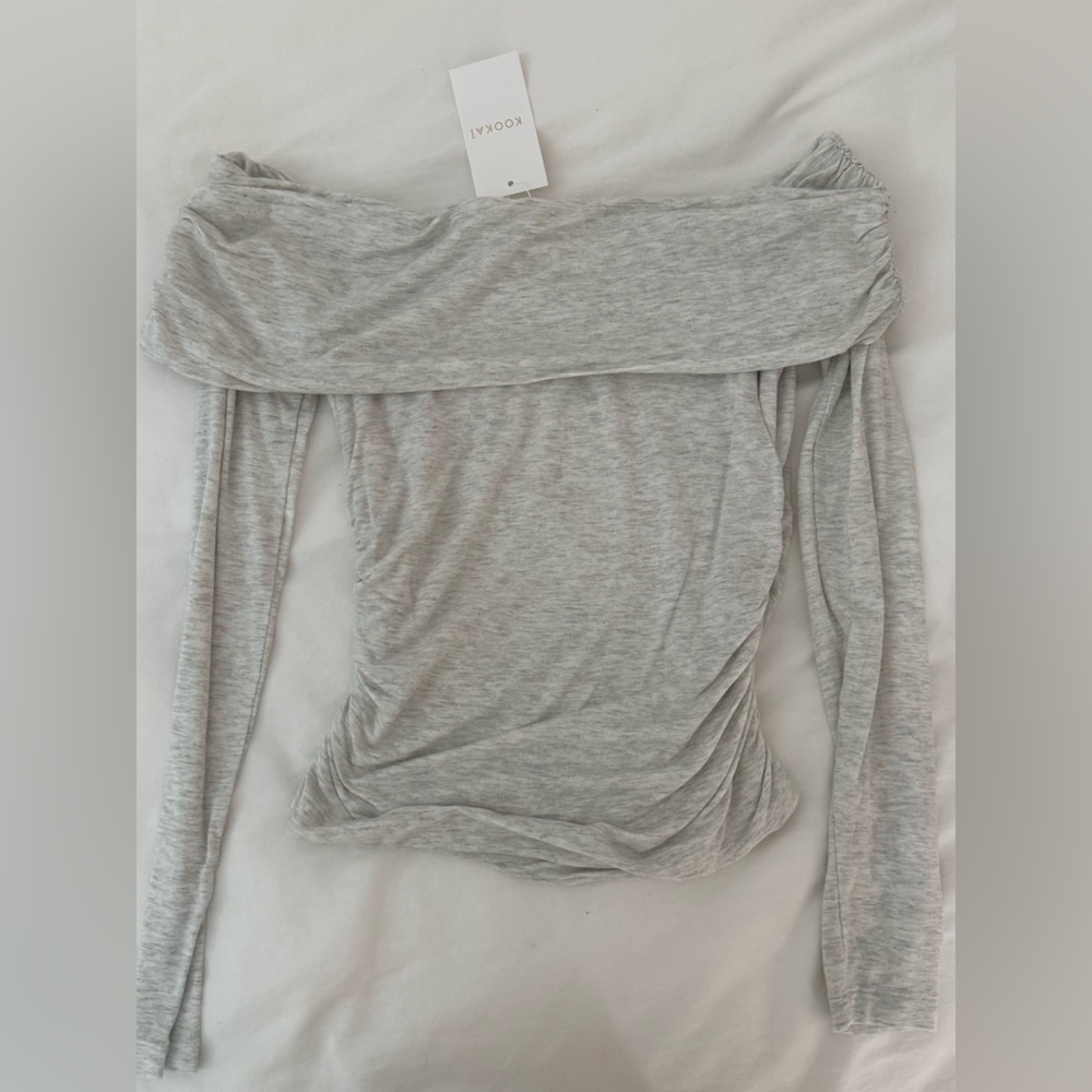 KOOKAI SIENNA TOP IN HEATHER GREY MARLE - Fold Over Off Shoulder Long Sleeve